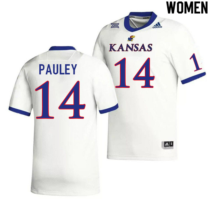 Women #14 Mikey Pauley Kansas Jayhawks College Football Jerseys Stitched Sale-White